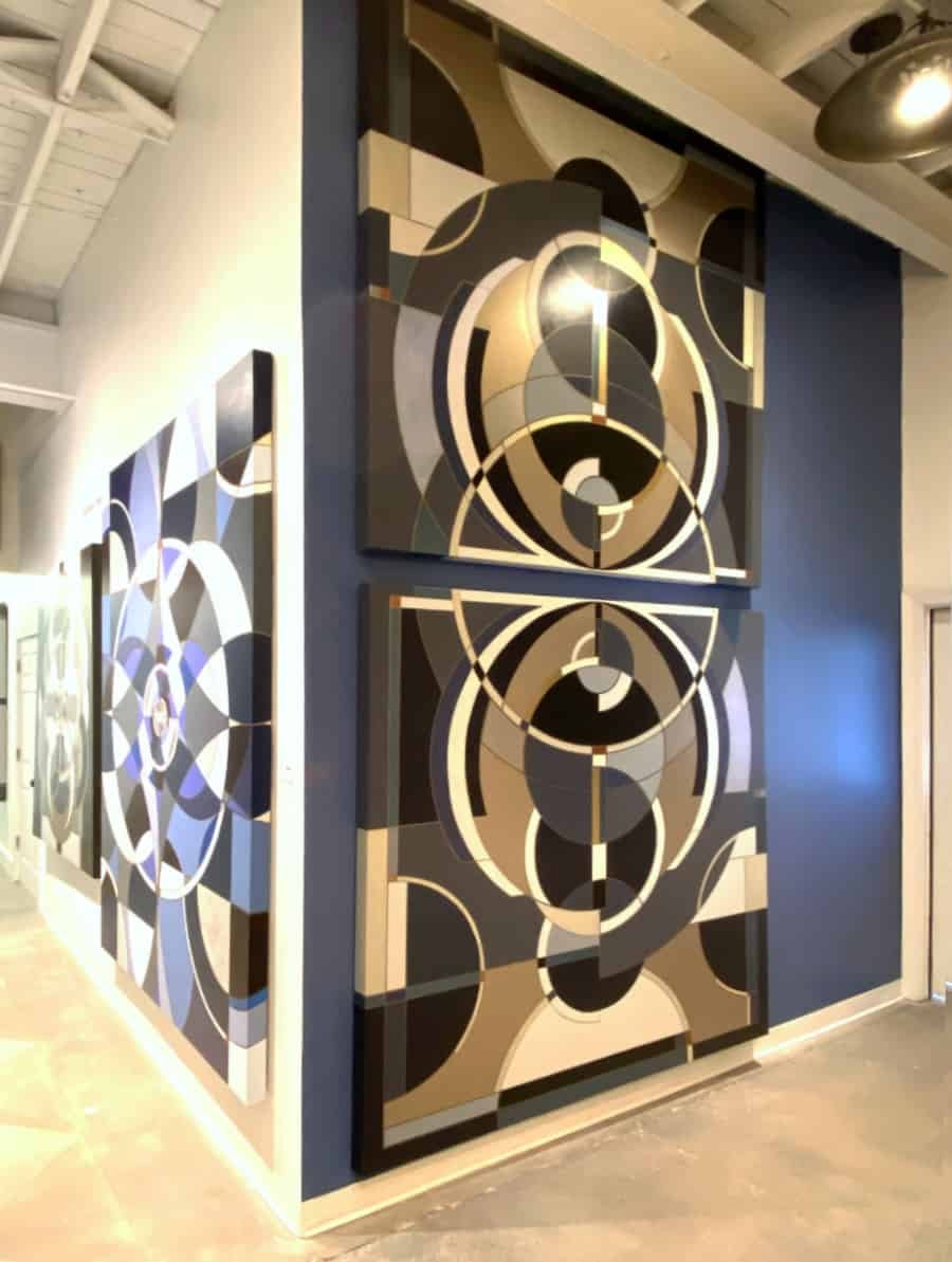 Symmetrical abstract geometric artwork with circles and grids